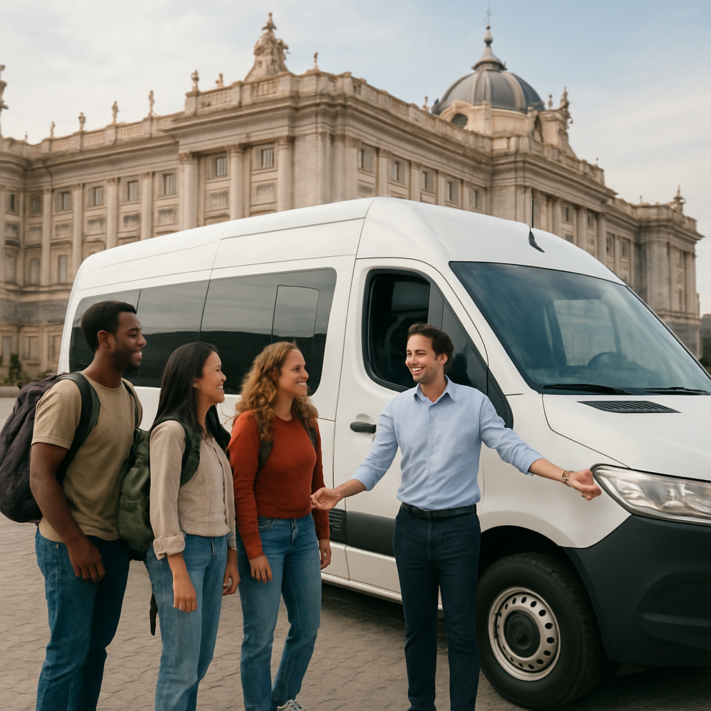 A modern minibuss parked in front of a historic Madrid landmark, with a smiling driver opening the door for a group of diverse travelers. Alt: minibus rental madrid group transport in city setting.