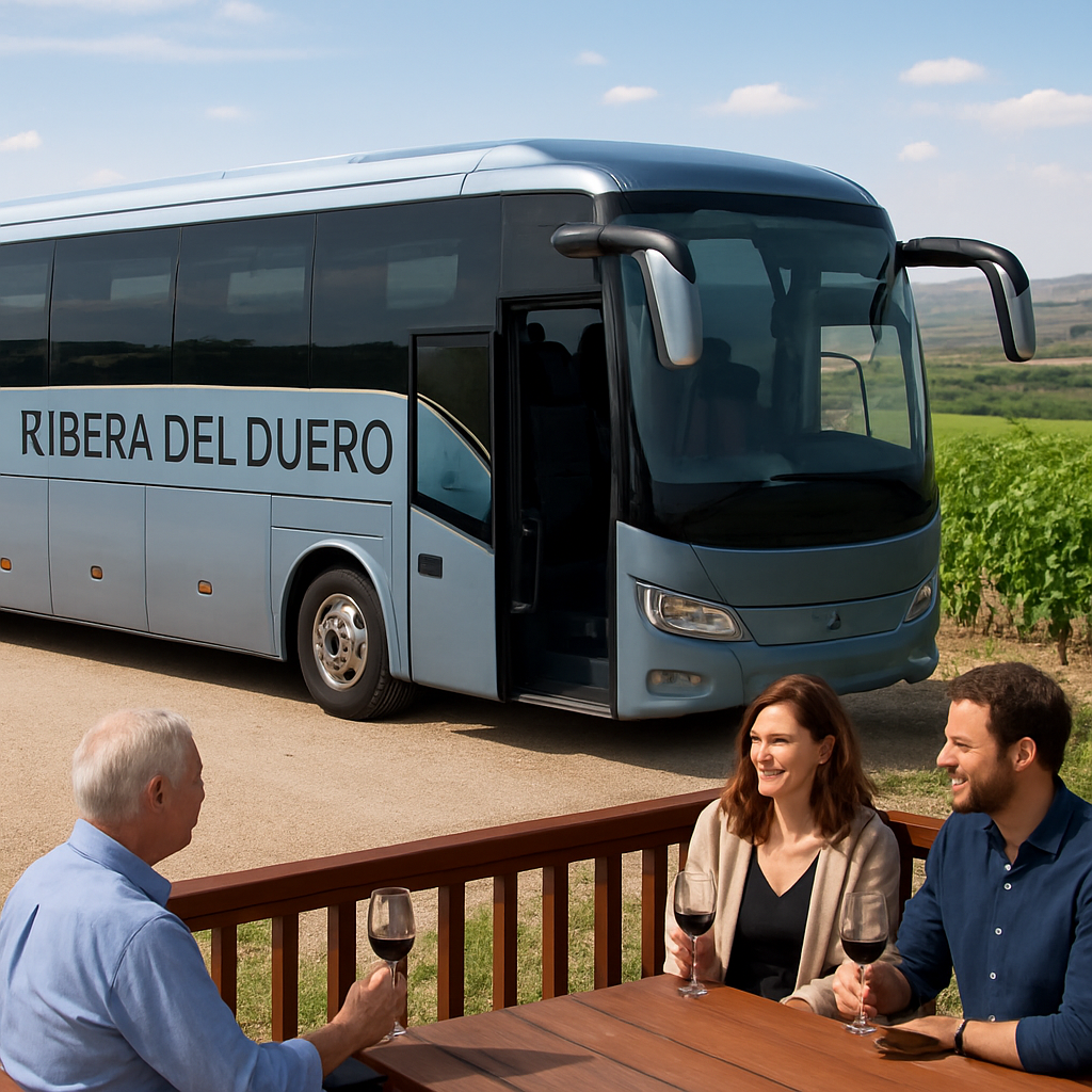 A modern, climate‑controlled coach parked near a Ribera del Duero vineyard, with passengers enjoying a glass of wine on the terrace. Alt: Ribera del Duero wine tour coach from Madrid with comfortable seating and wine storage.